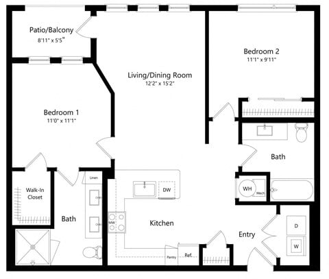 Floor plan for 2 beds, 2 baths, 995 sqft